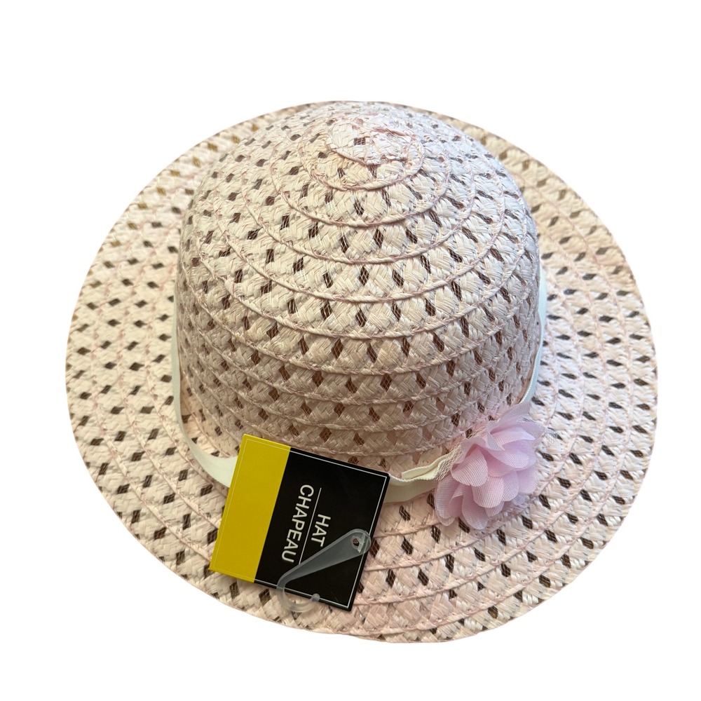 Greenbrier International Girls Pink Straw Sun Hat Metallic Sparkle Flower NWT
